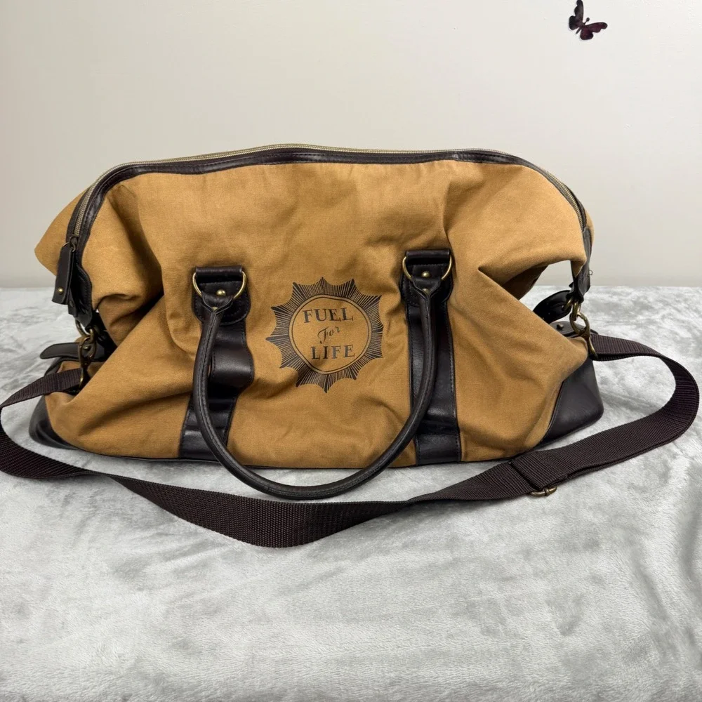 Diesel Fuel For Life Canvas Duffle Bag Brown Tan Weekender Travel Carry On